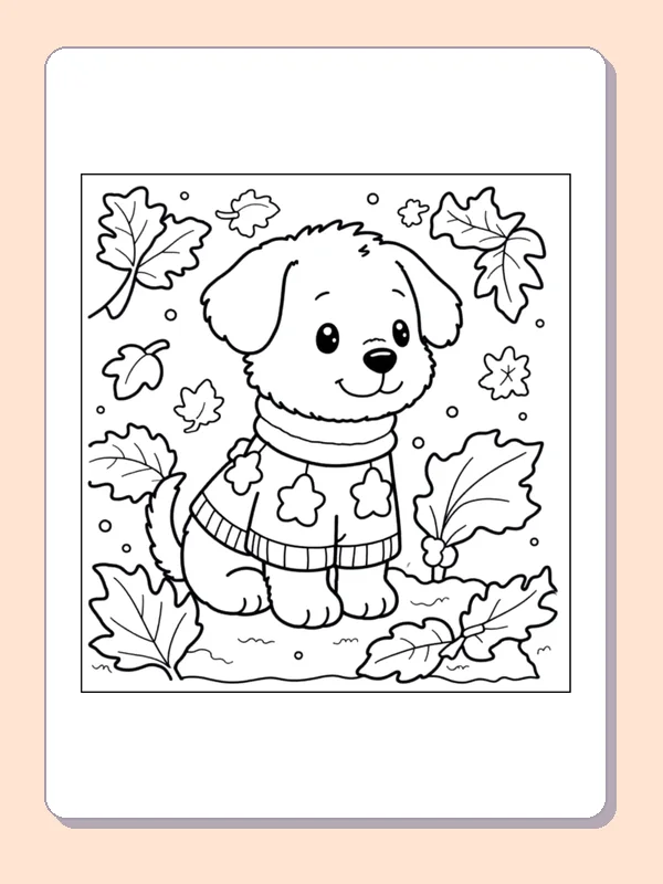 Puppy in a Sweater Among Leaves coloring page, black and white printable line art