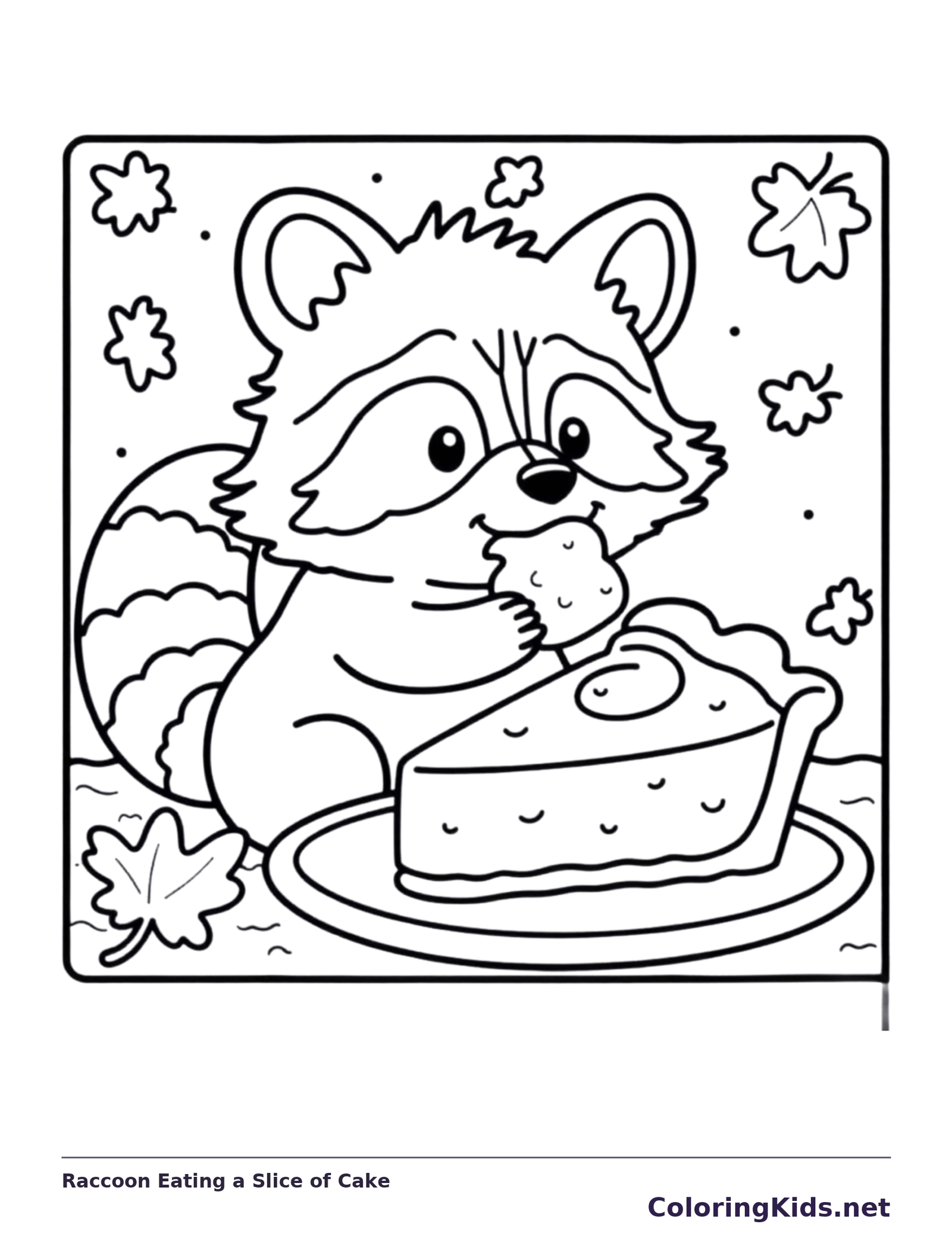 Raccoon Eating a Slice of Cake coloring page, black and white printable line art