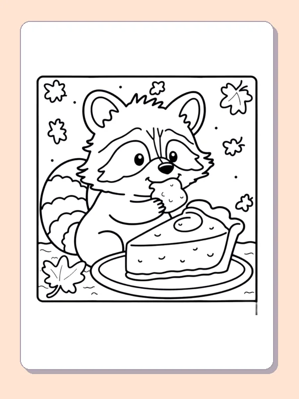 Raccoon Eating a Slice of Cake coloring page, black and white printable line art
