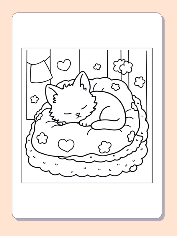 Sleeping Cat on a Cushion coloring page, black and white printable line art