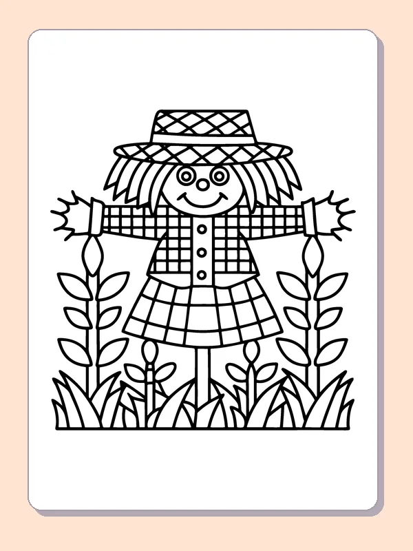 Smiling Scarecrow in a Checked Skirt coloring page, black and white printable line art