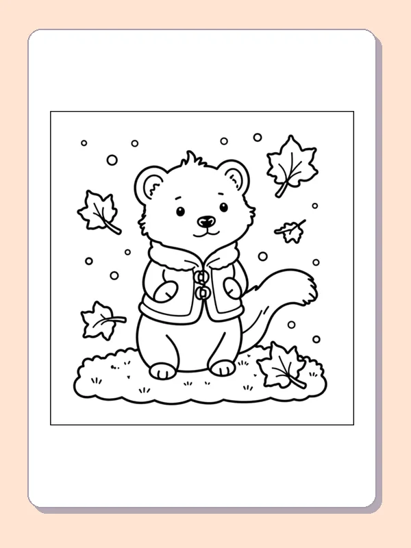 Squirrel in a Vest Among Leaves coloring page, black and white printable line art