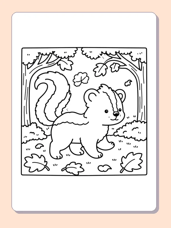 Squirrel in an Autumn Forest coloring page, black and white printable line art