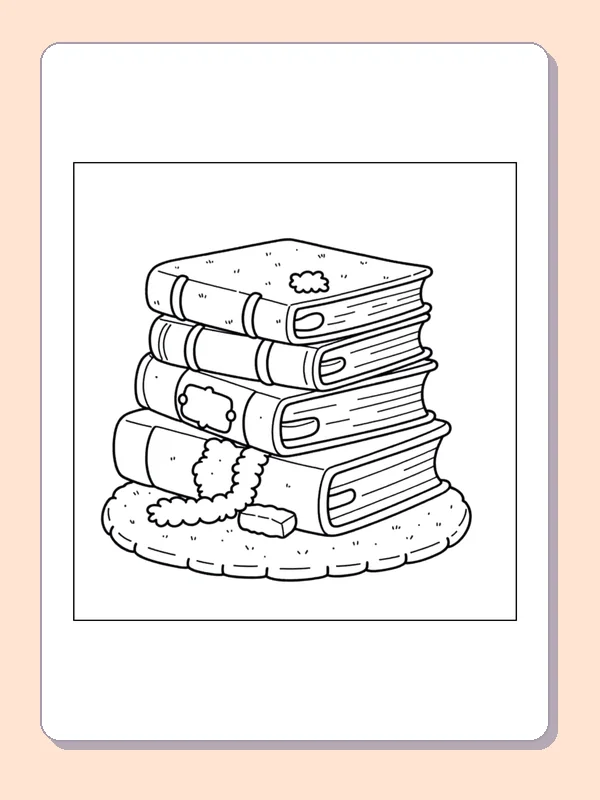 Stack of Books for a Cozy Day coloring page, black and white printable line art
