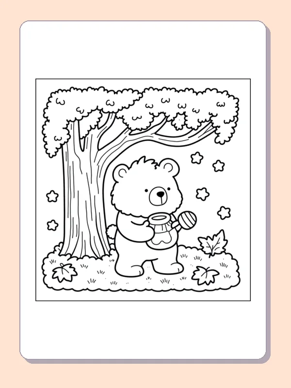Teddy Bear Beneath an Autumn Tree coloring page, black and white printable line art