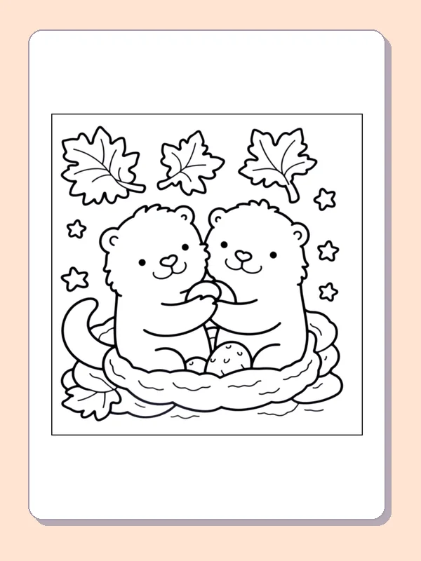 Two Bears Hugging in Fall Leaves coloring page, black and white printable line art
