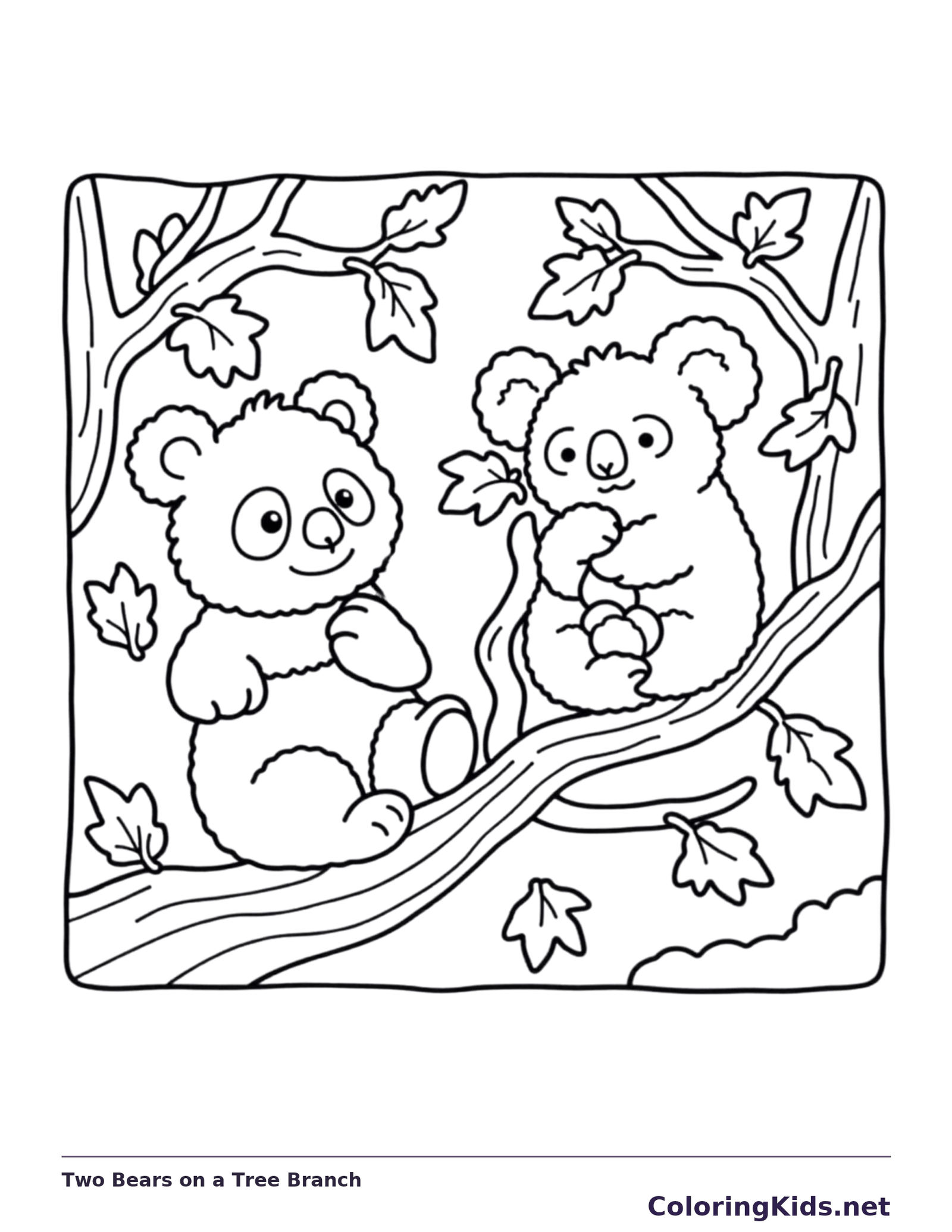 Two Bears on a Tree Branch coloring page, black and white printable line art