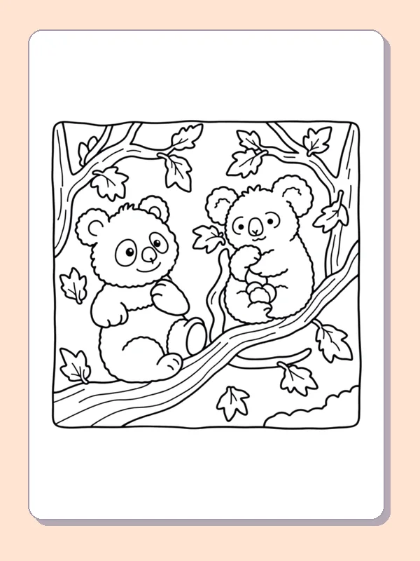 Two Bears on a Tree Branch coloring page, black and white printable line art