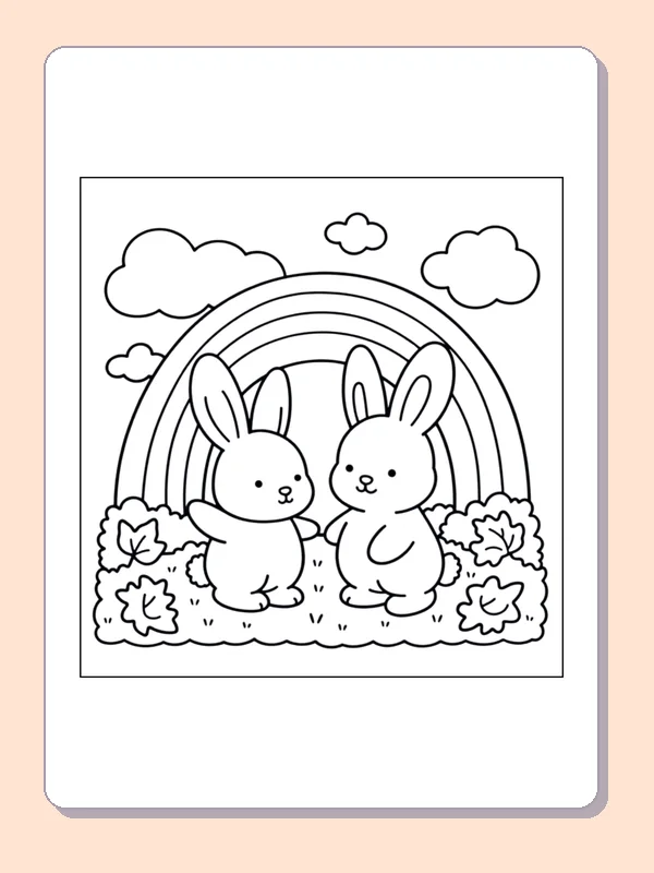 Two Bunnies Under a Rainbow coloring page, black and white printable line art