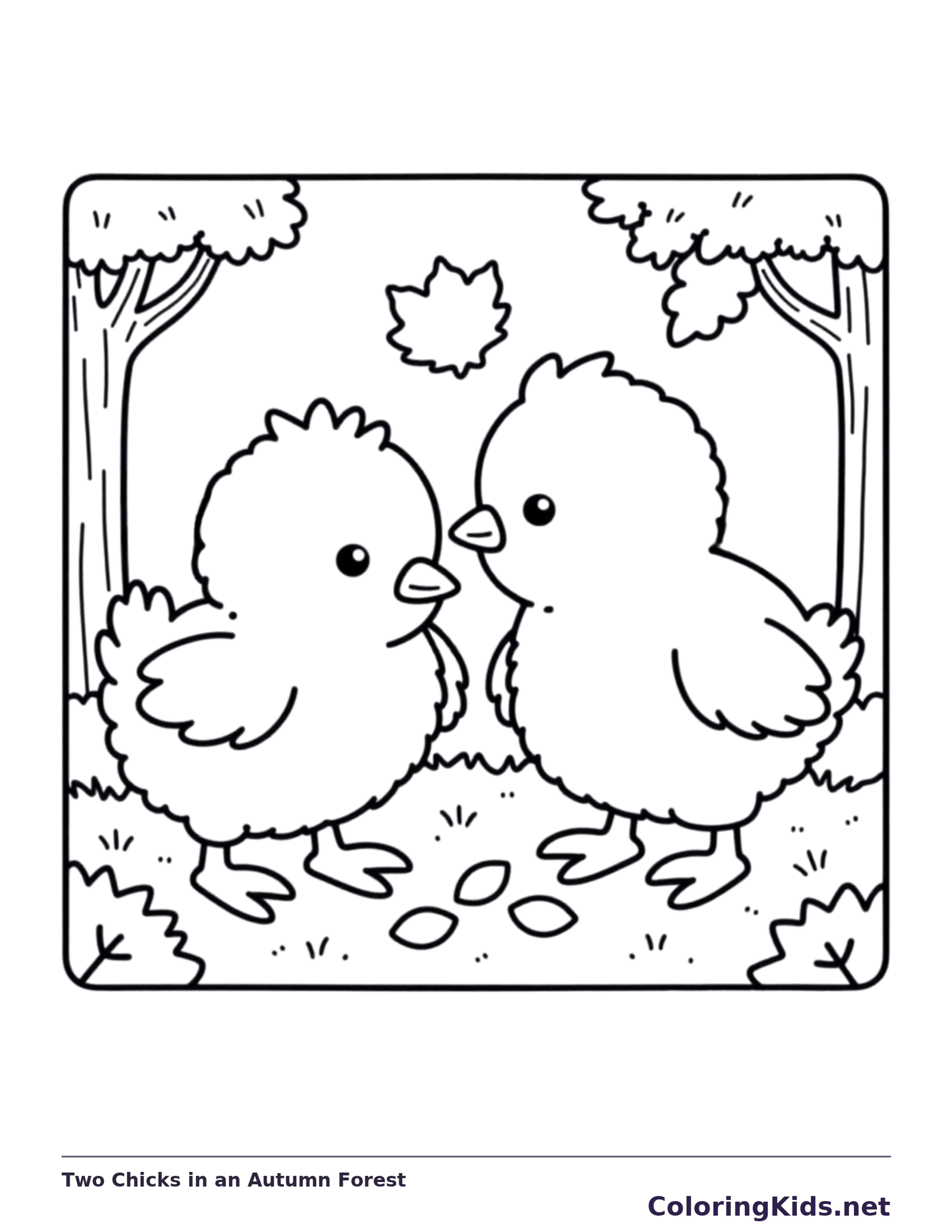 Two Chicks in an Autumn Forest coloring page, black and white printable line art