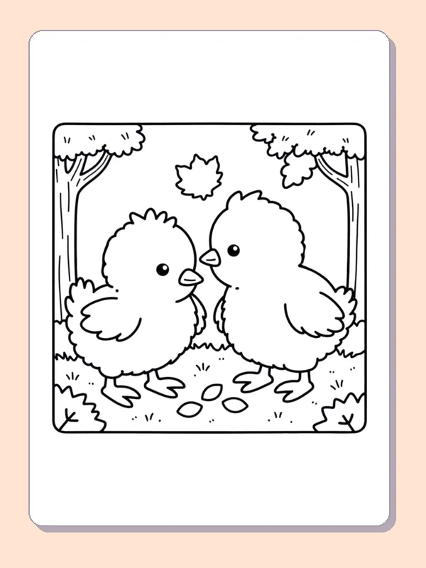 Two Chicks in an Autumn Forest coloring page, black and white printable line art