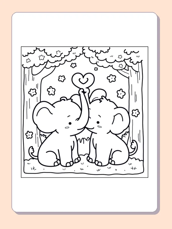 Two Elephants Touching Trunks coloring page, black and white printable line art