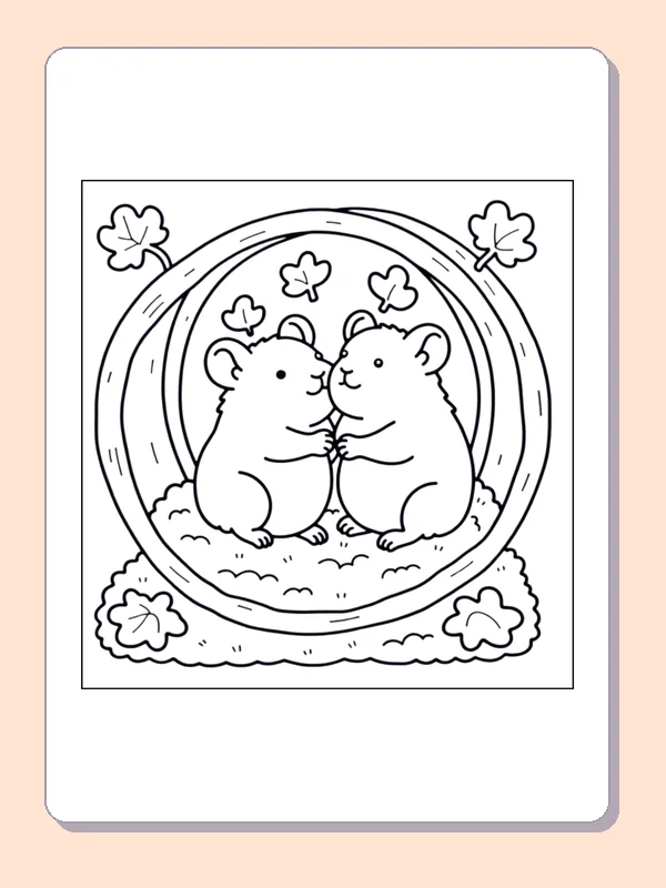 Two Hamsters in a Leafy Circle coloring page, black and white printable line art