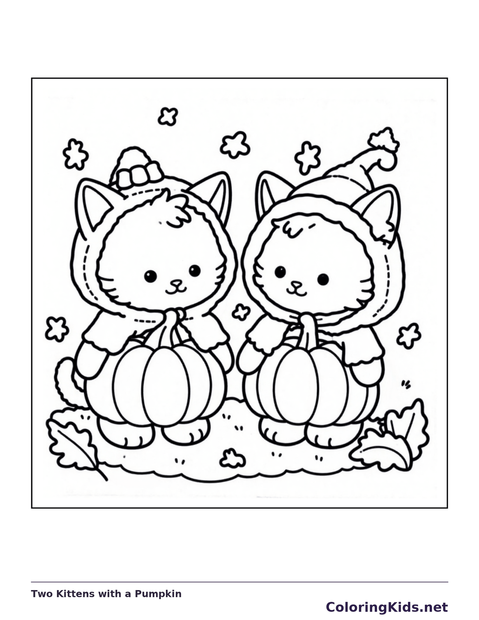 Two Kittens with a Pumpkin coloring page, black and white printable line art