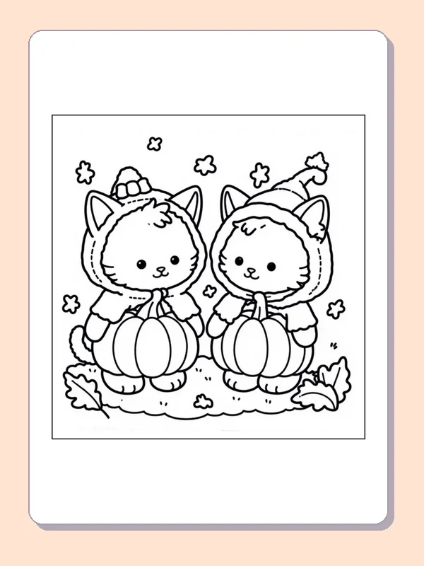 Two Kittens with a Pumpkin coloring page, black and white printable line art