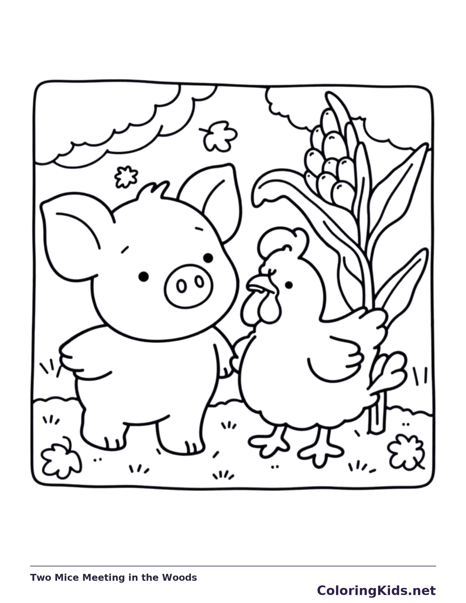Two Mice Meeting in the Woods coloring page, black and white printable line art