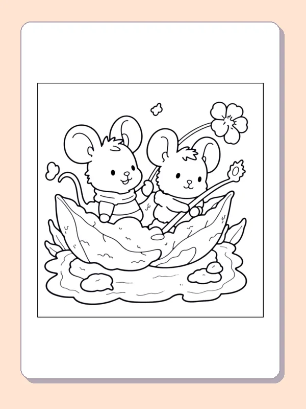Two Mice Sailing on an Autumn Leaf coloring page, black and white printable line art