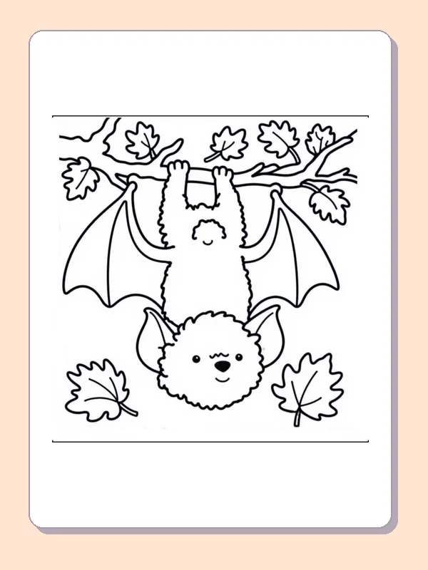 Upside-Down Bat Under Oak Leaves coloring page, black and white printable line art