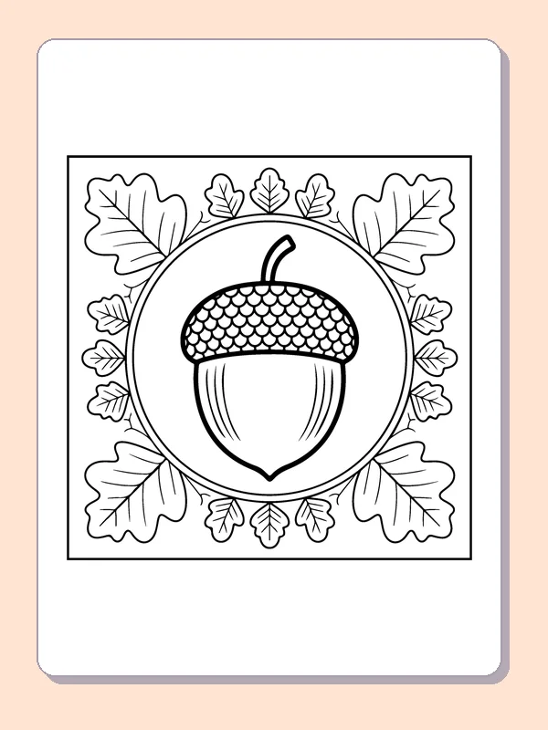Acorn Inside a Leaf Circle printable coloring page showing a large acorn sits within a ring of oak leaves