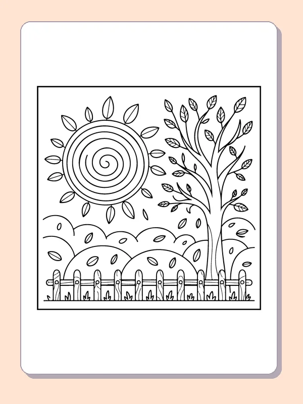 Autumn Sun and Leafy Tree printable coloring page showing a patterned sun shines over a tree, fence and hills scattered with small leaves