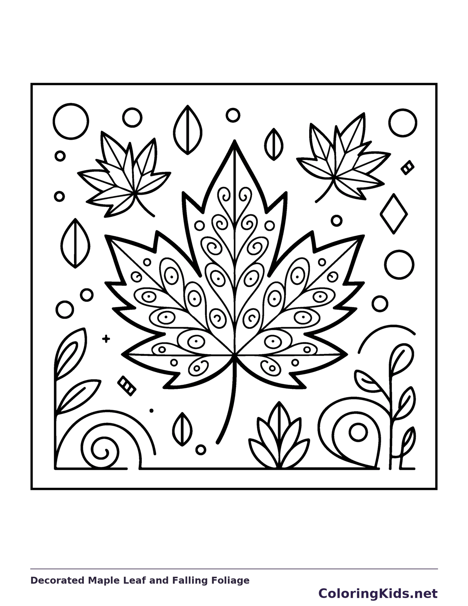 Decorated Maple Leaf and Falling Foliage printable coloring page showing the center maple leaf is filled with circles and teardrops while other leaves fall nearby