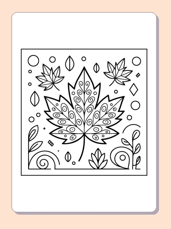Decorated Maple Leaf and Falling Foliage printable coloring page showing the center maple leaf is filled with circles and teardrops while other leaves fall nearby