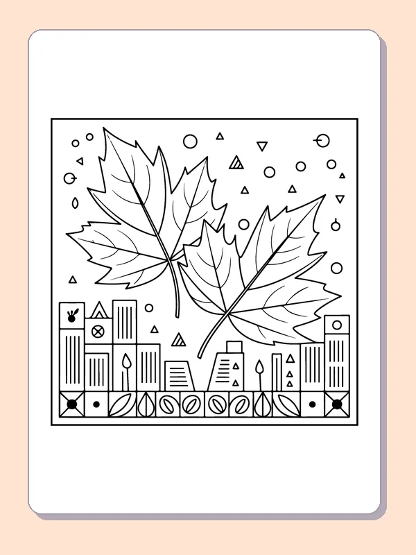 Falling Leaves Above a Town printable coloring page showing two large leaves float above a row of small buildings