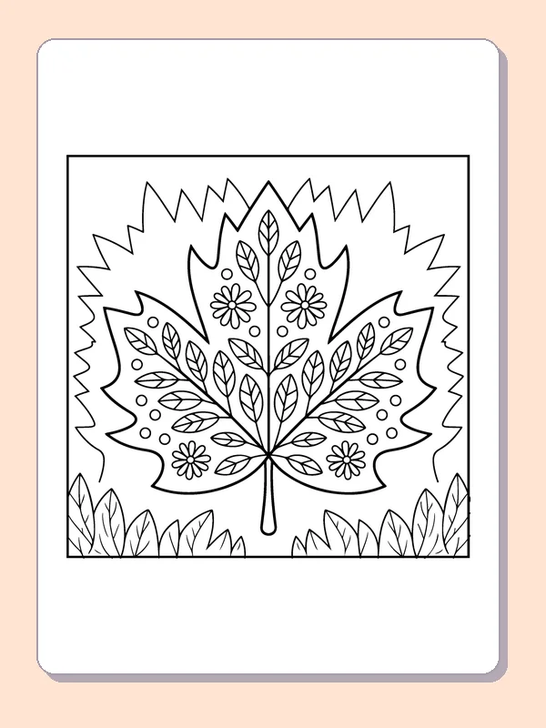 Flowers Inside a Maple Leaf printable coloring page showing a large maple leaf contains a floral pattern with petals and smaller shapes