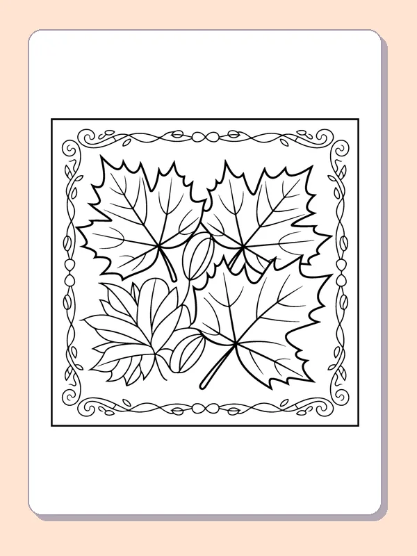 Framed Maple Leaves printable coloring page showing three large maple leaves overlap with smaller foliage inside an ornamental frame