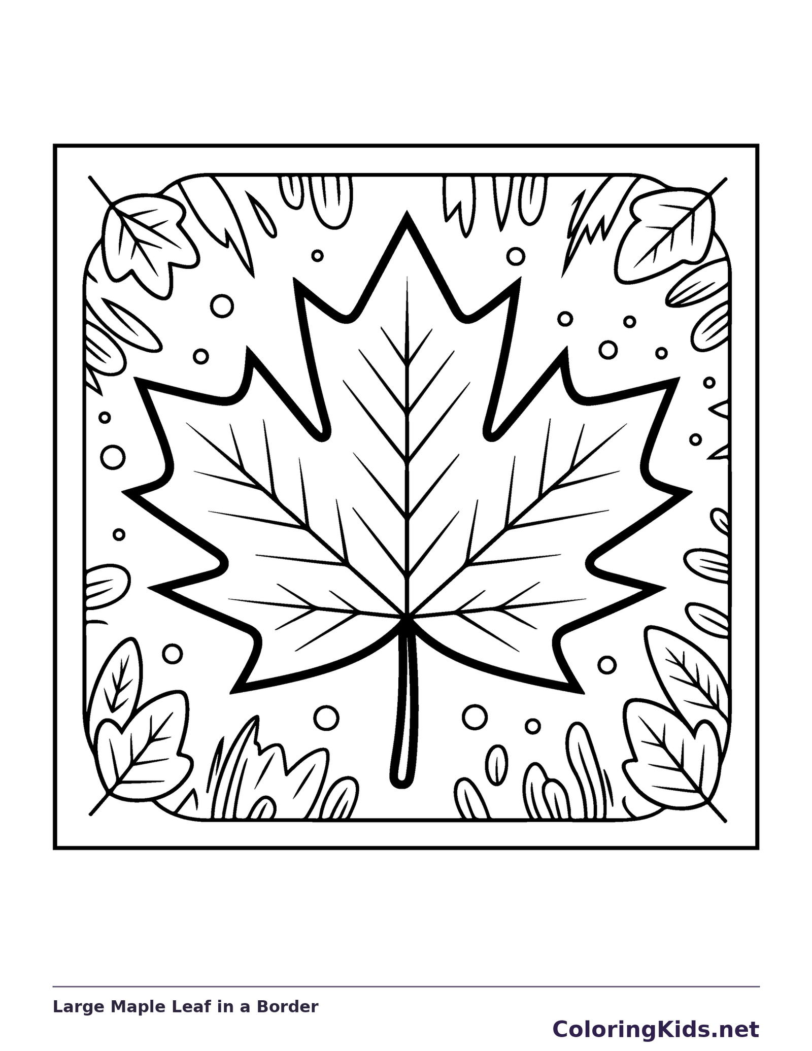 Large Maple Leaf in a Border printable coloring page showing a big maple leaf falls through a framed autumn scene with a few other leaves