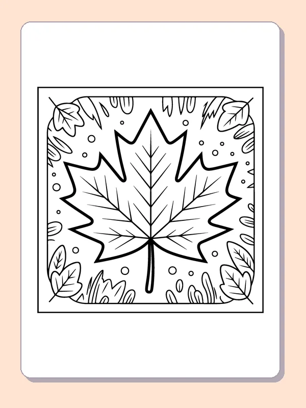 Large Maple Leaf in a Border printable coloring page showing a big maple leaf falls through a framed autumn scene with a few other leaves