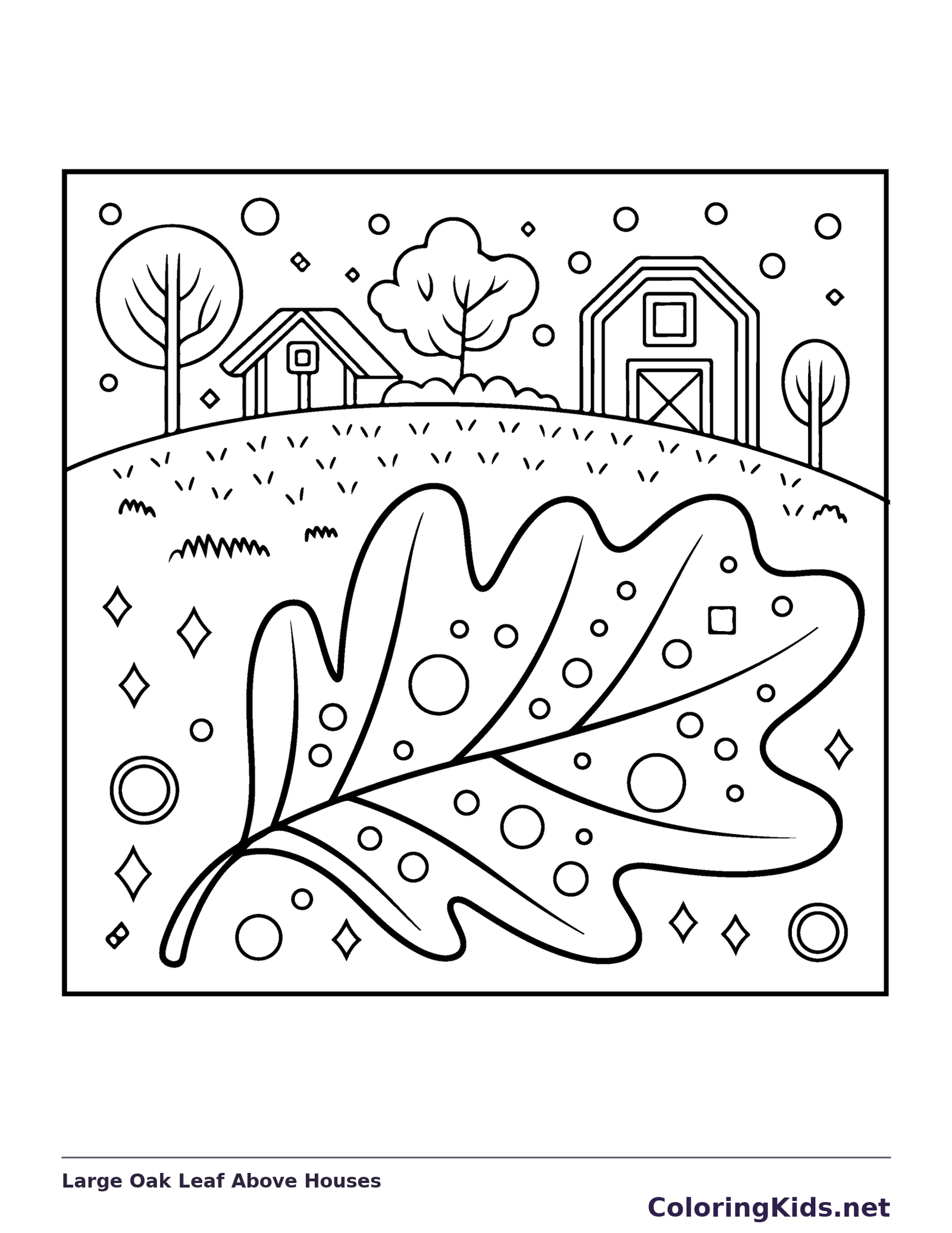 Large Oak Leaf Above Houses coloring page | ColoringKids.net