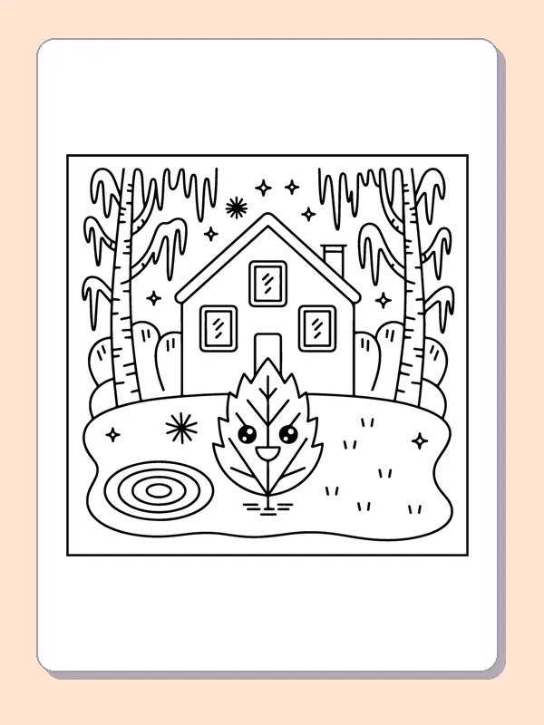 Leaf Beside a Woodland House printable coloring page showing a smiling leaf appears near a small woodland house under branches