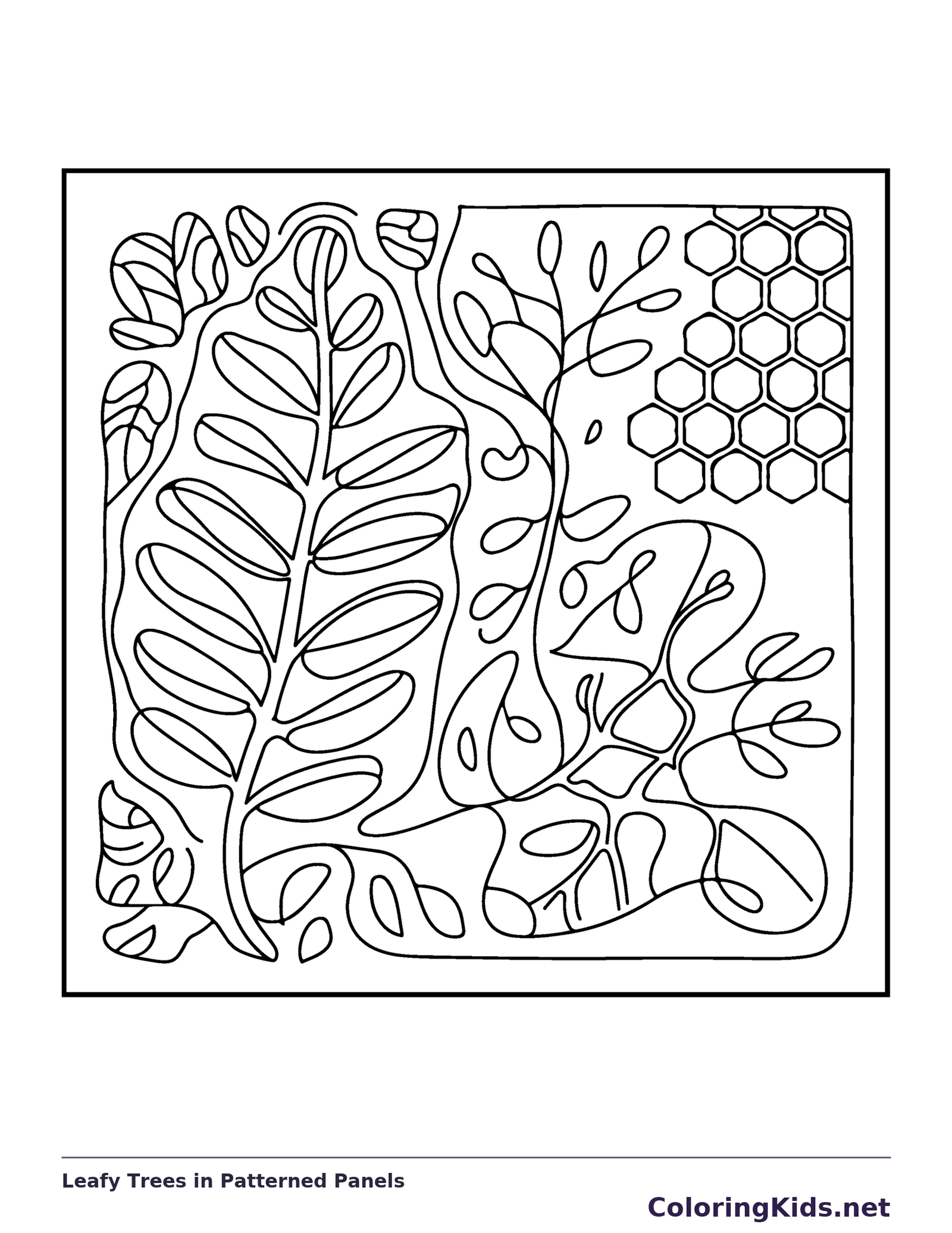 Leafy Trees in Patterned Panels printable coloring page showing three narrow tree designs sit in panels beside repeated hexagon shapes