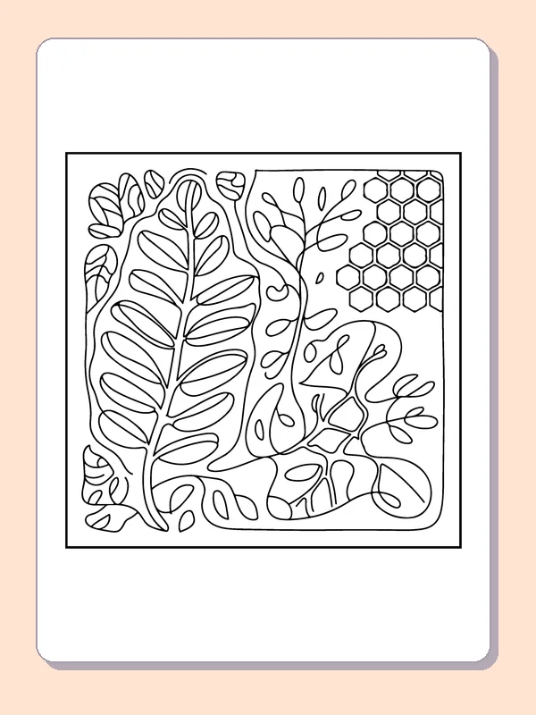 Leafy Trees in Patterned Panels printable coloring page showing three narrow tree designs sit in panels beside repeated hexagon shapes