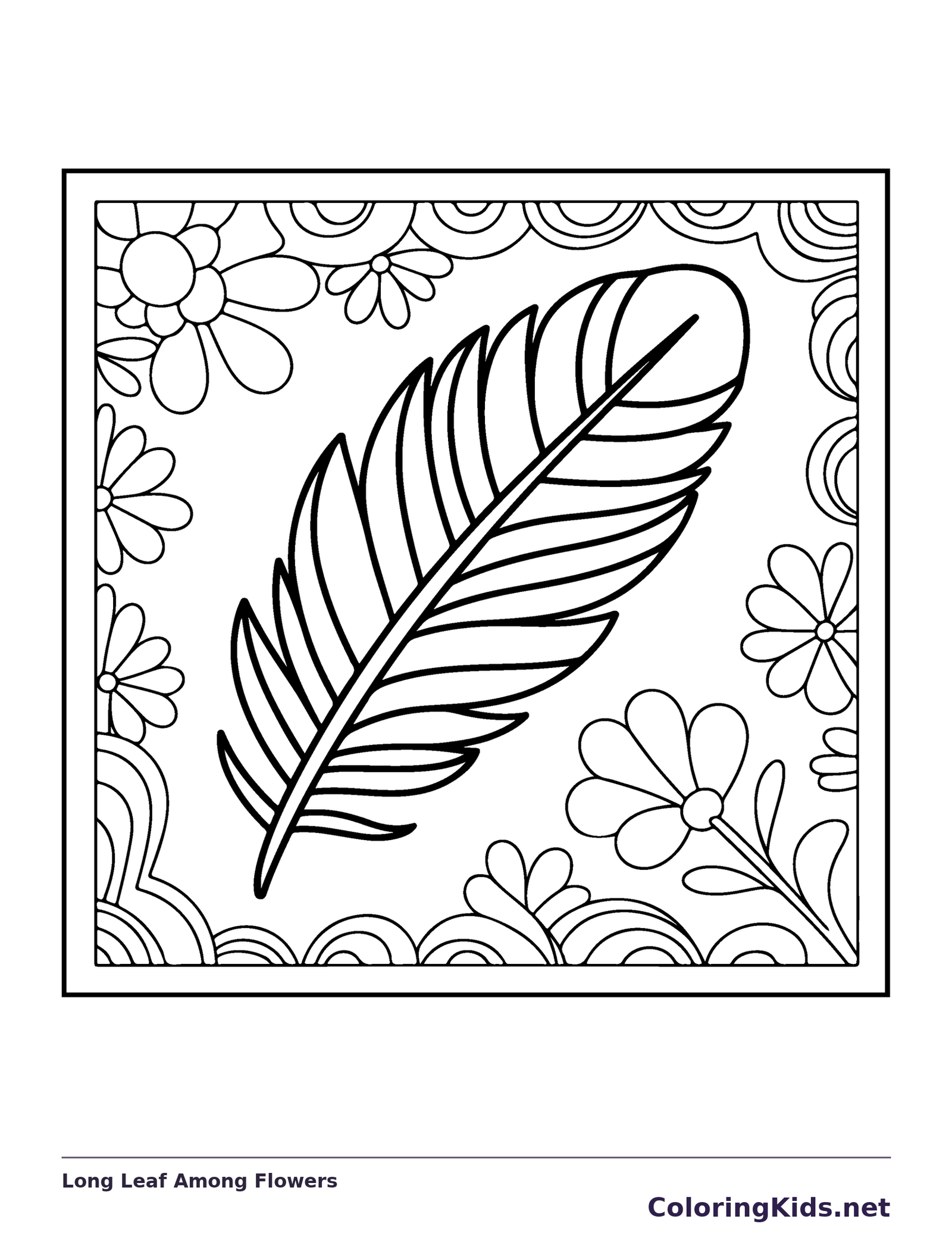 Long Leaf Among Flowers printable coloring page showing a long pointed leaf rises between flower shapes and decorative corners