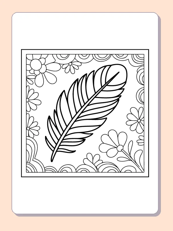 Long Leaf Among Flowers printable coloring page showing a long pointed leaf rises between flower shapes and decorative corners