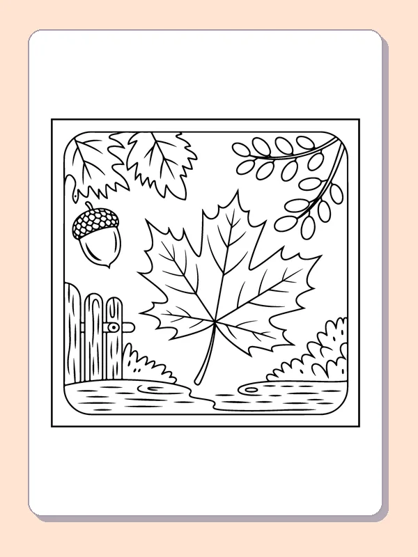 Maple Leaf by a Fence printable coloring page showing a maple leaf rests beside a simple garden fence and scattered foliage