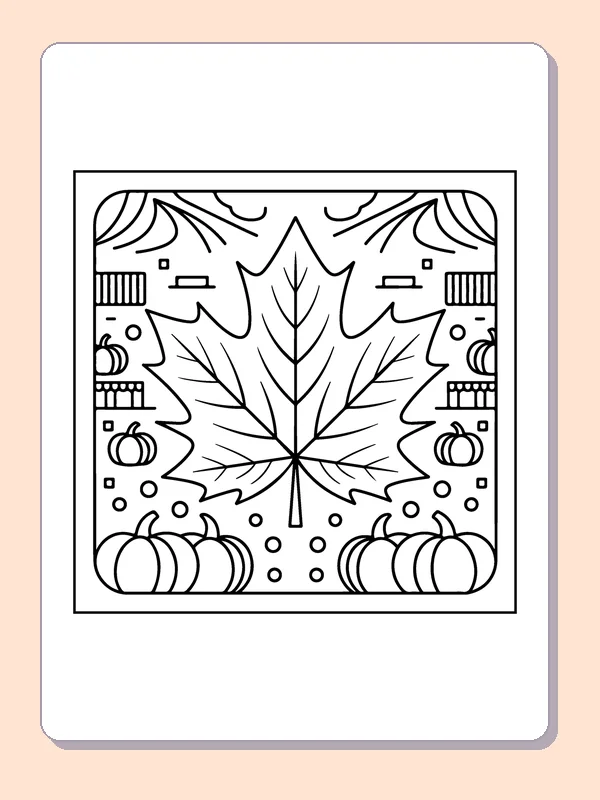 Maple Leaf Above Pumpkins printable coloring page showing a broad maple leaf rises over pumpkins near a village