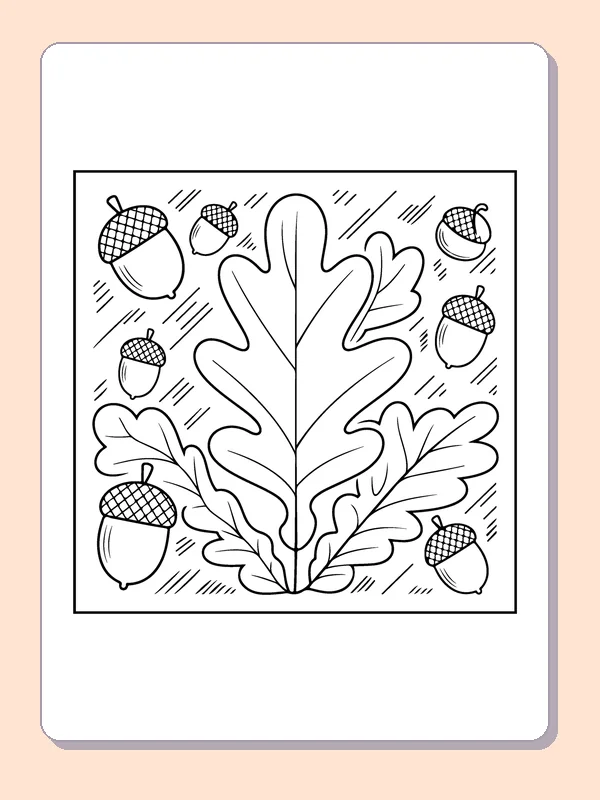 Oak Leaf with Acorns printable coloring page showing one large oak leaf rests beside a few acorns