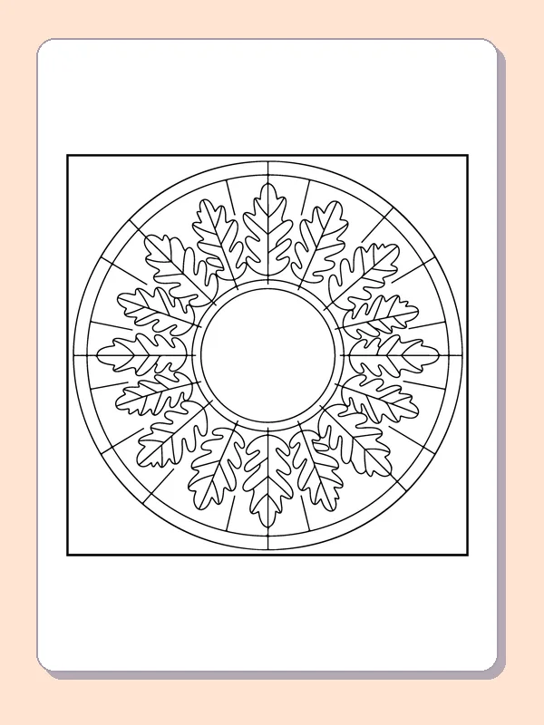 Oak Leaves Around a Circle printable coloring page showing oak leaves point into a circular arrangement with smaller marks and borders