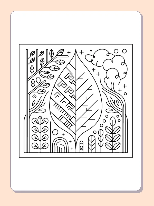 Patterned Leaf in a Garden printable coloring page showing a large pointed leaf holds many geometric sections while stems and flowers fill the surrounding garden