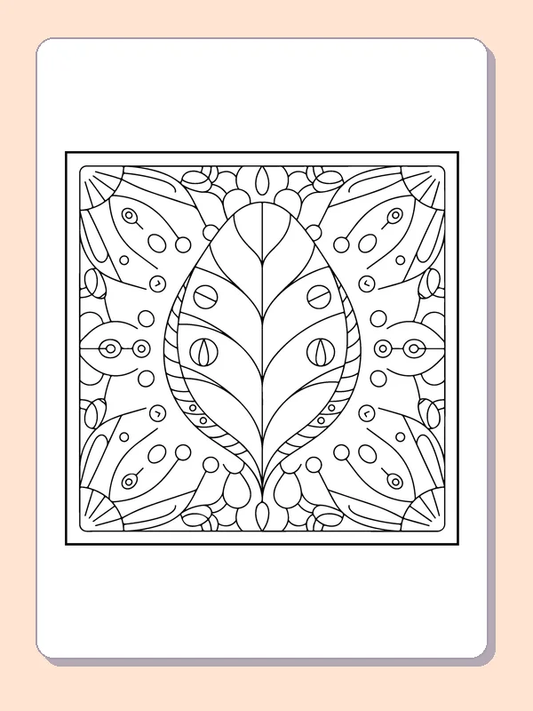 Patterned Leaf in a Round Frame printable coloring page showing a leaf sits inside a circular frame with repeated teardrop shapes and curving lines