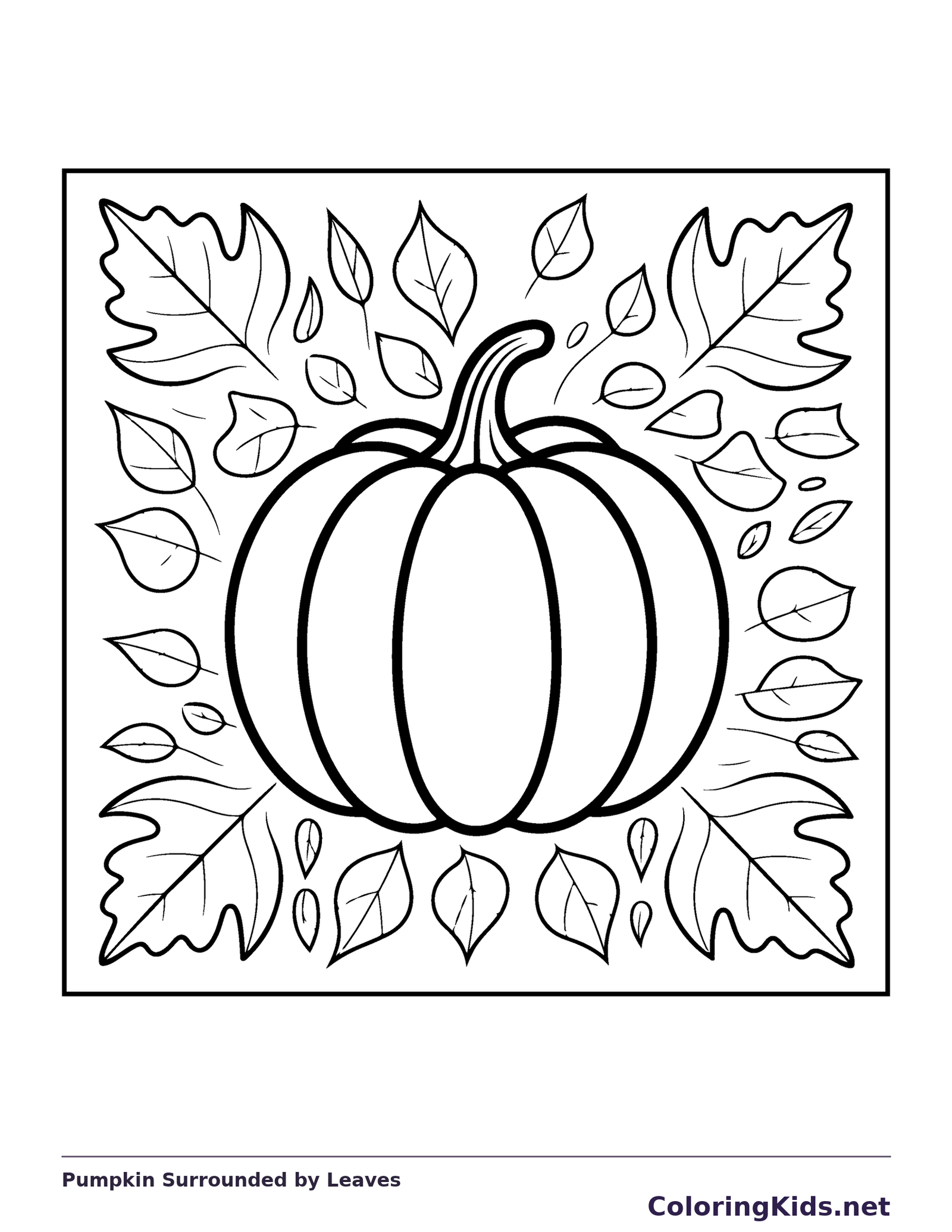 Pumpkin Surrounded by Leaves printable coloring page showing a large pumpkin fills the center while oak and smaller leaves frame it