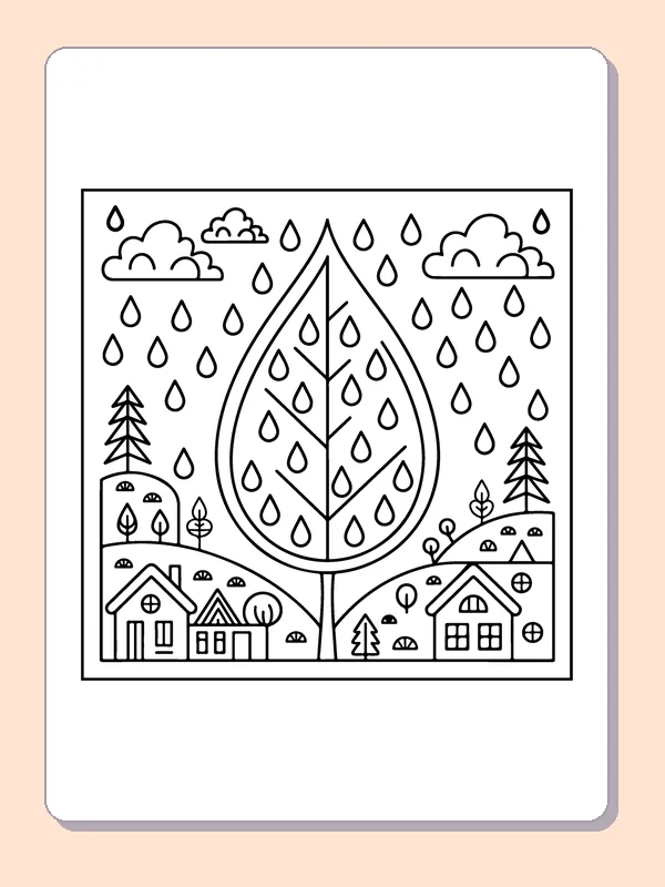 Rainy Leaf Above a Village printable coloring page showing a patterned leaf hangs above houses under rainy clouds