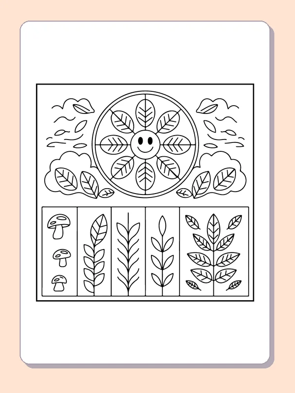 Smiling Leaf Rosette and Mushroom Panels printable coloring page showing a smiling center and ring of leaves sit above panels of mushrooms, stems and leaf clusters