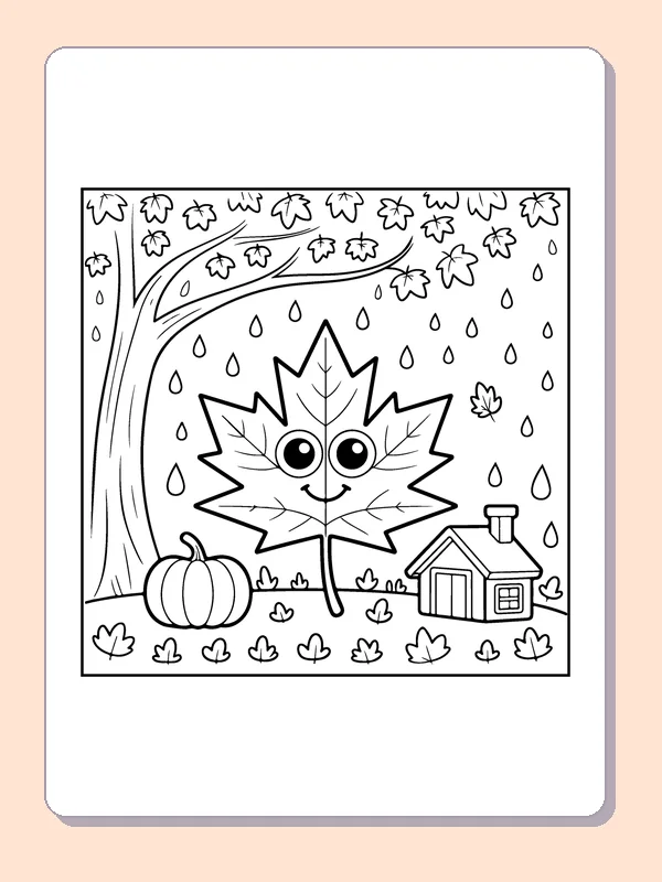 Smiling Maple Leaf in the Rain printable coloring page showing a happy maple leaf stands in rain near pumpkins and little houses