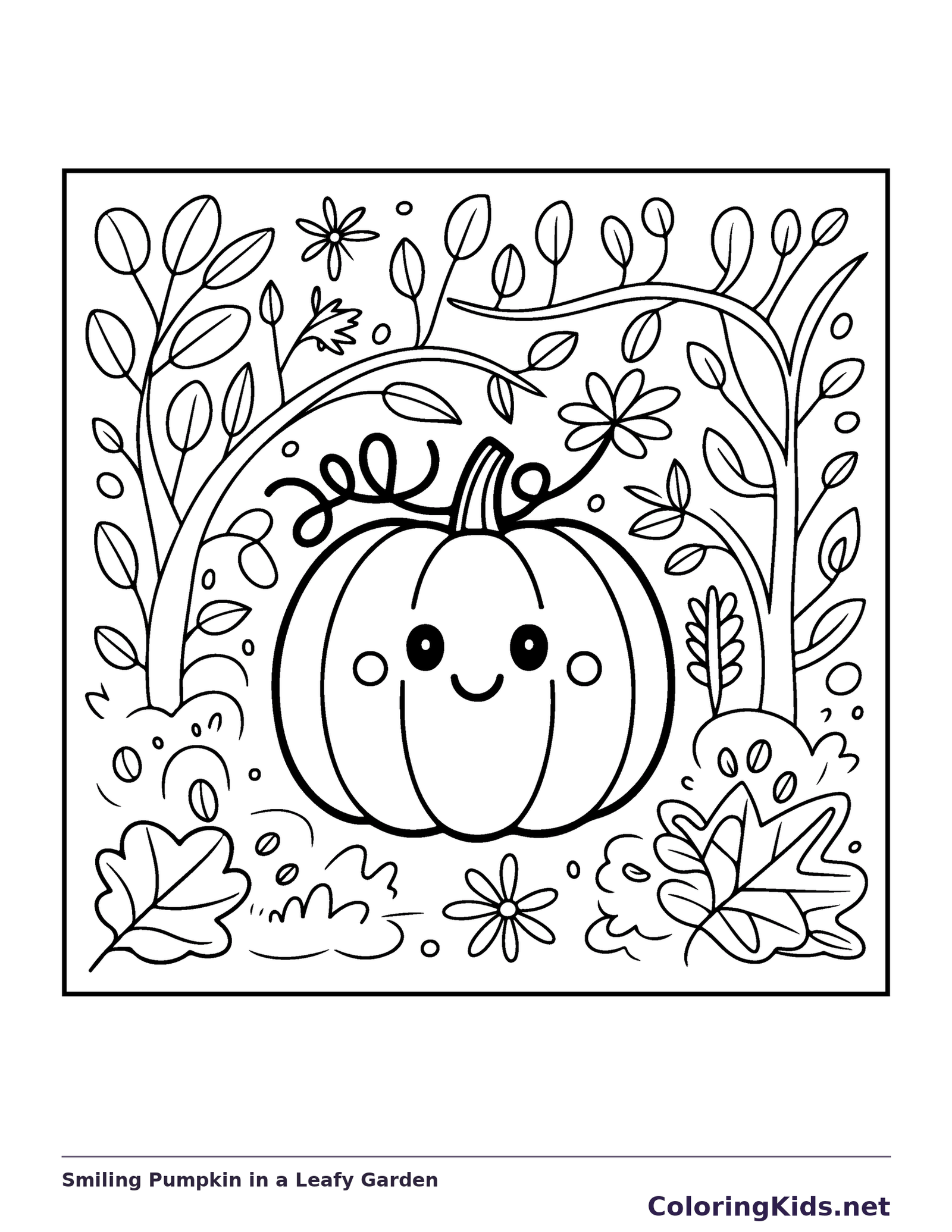 Smiling Pumpkin in a Leafy Garden printable coloring page showing a smiling pumpkin sits among scattered leaves and small garden plants