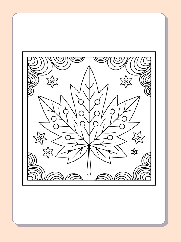 Star-Patterned Maple Leaf printable coloring page showing a maple leaf with little stars sits within a layered circular border