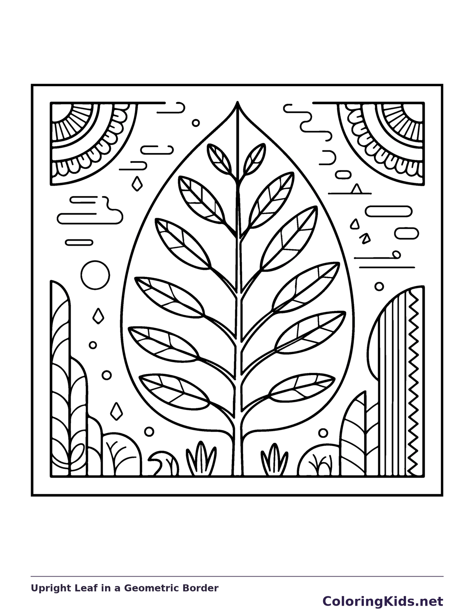 Upright Leaf in a Geometric Border printable coloring page showing a tall veined leaf rises among smaller leaves and repeated border blocks